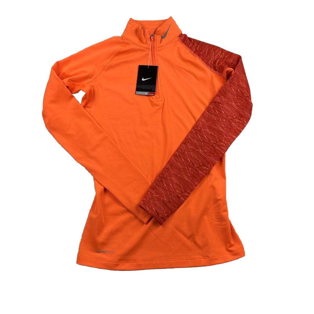 Nike Pro Combat Dri Fit Therma Fit 1/4 Zip Womens XS Orange Long Sleeve NWT